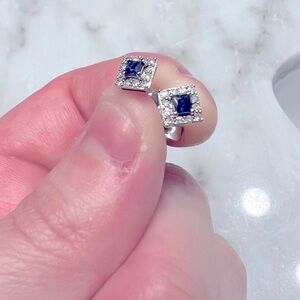 Square Blue Sapphire Stud Earrings in
14K White Gold with Diamond Accents